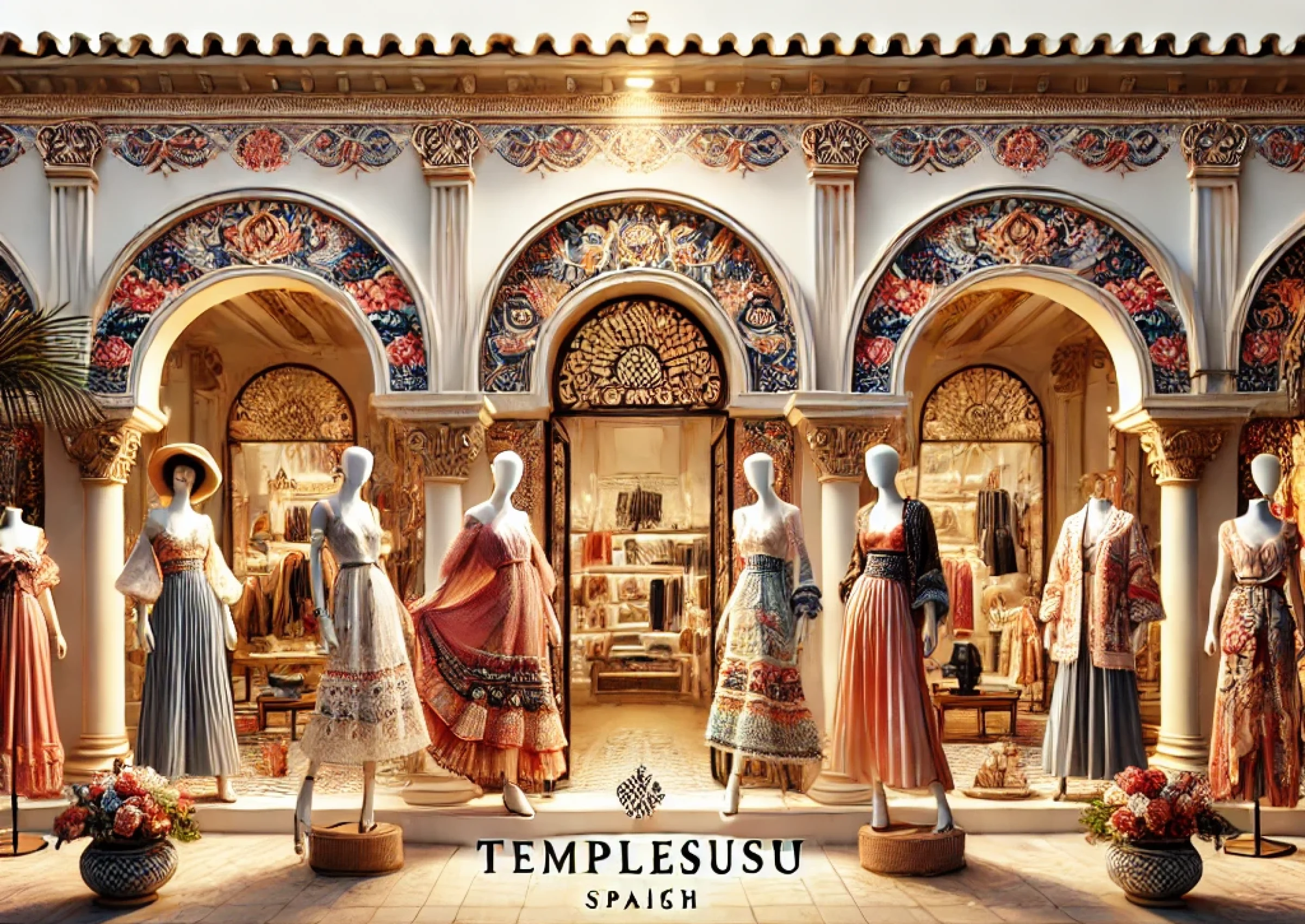 DALL·E 2024-12-28 13.00.36 - A modern and elegant cover photo design for a clothing store named 'Templesusu' in Spain. The design showcases a luxurious storefront with Spanish Med